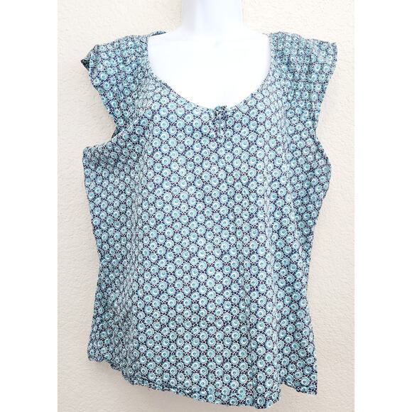 Merona Blue White Geo Print V Neck Tie Front Top XXL Ruffled Capped Sleeves Soft - Picture 1 of 4